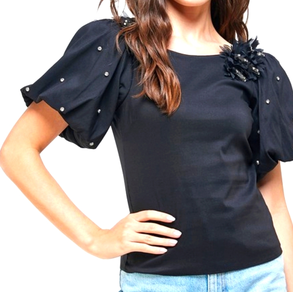 Embelished Puffed Shoulder Top